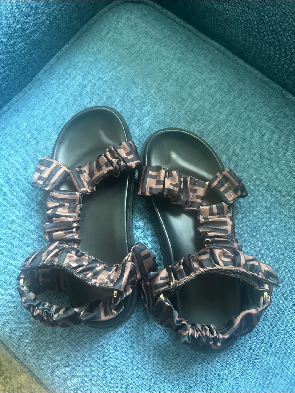 Fendi Brown and Black Logo-Print Ruffled Strap Sandals